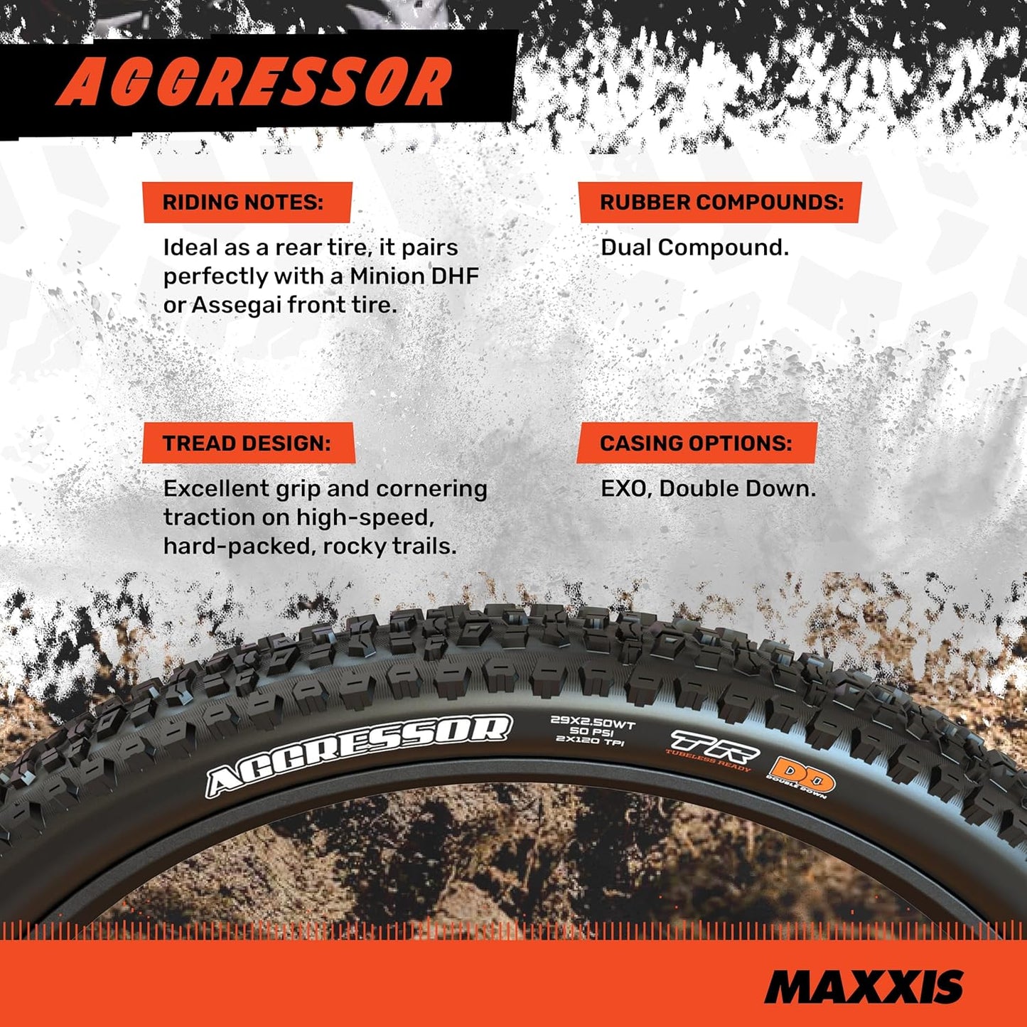 Aggressor - Dual Compound - 29, 27.5, 26 - EXO, DD - E25 Rating, Tubeless | Primarily Intended for Rear Wheel Use