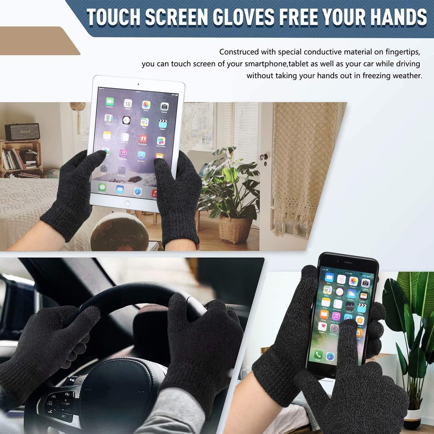Winter Beanie Hat Scarf Touchscreen Gloves Set for Men and Women, Beanie Gloves Neck Warmer Set with Warm Knit Fleece Lined