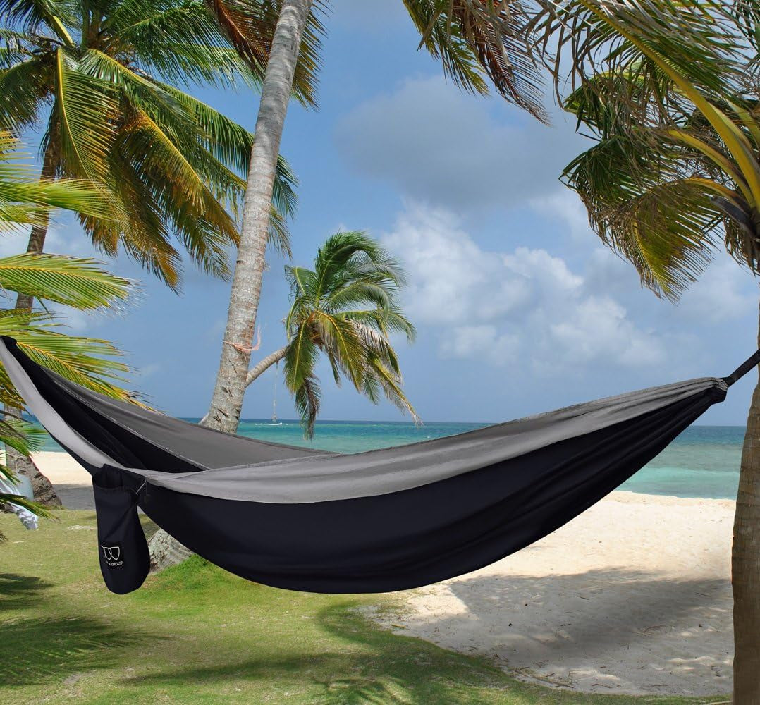 Camping Hammock - XL Double Hammock Portable Hammock Camping Accessories Gear for Outdoor Indoor with Tree Straps, USA Based Brand (Black and Gray)