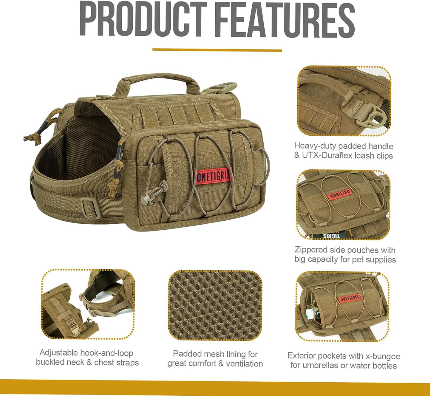 Dog Backpack for Medium & Large Dogs, Nylon Backpack for Dogs Tactical Pet Backpack with Side Pockets for Hiking Walking Training Running (Brown, Large)