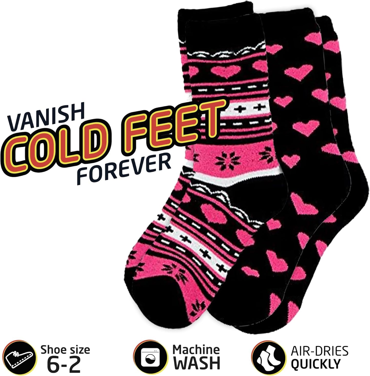 Kids Thermal Socks - Warm Winter Insulated Socks for Boys & Girls, Cozy & Thick Heated 2 Pack, Shoe Size 2-6