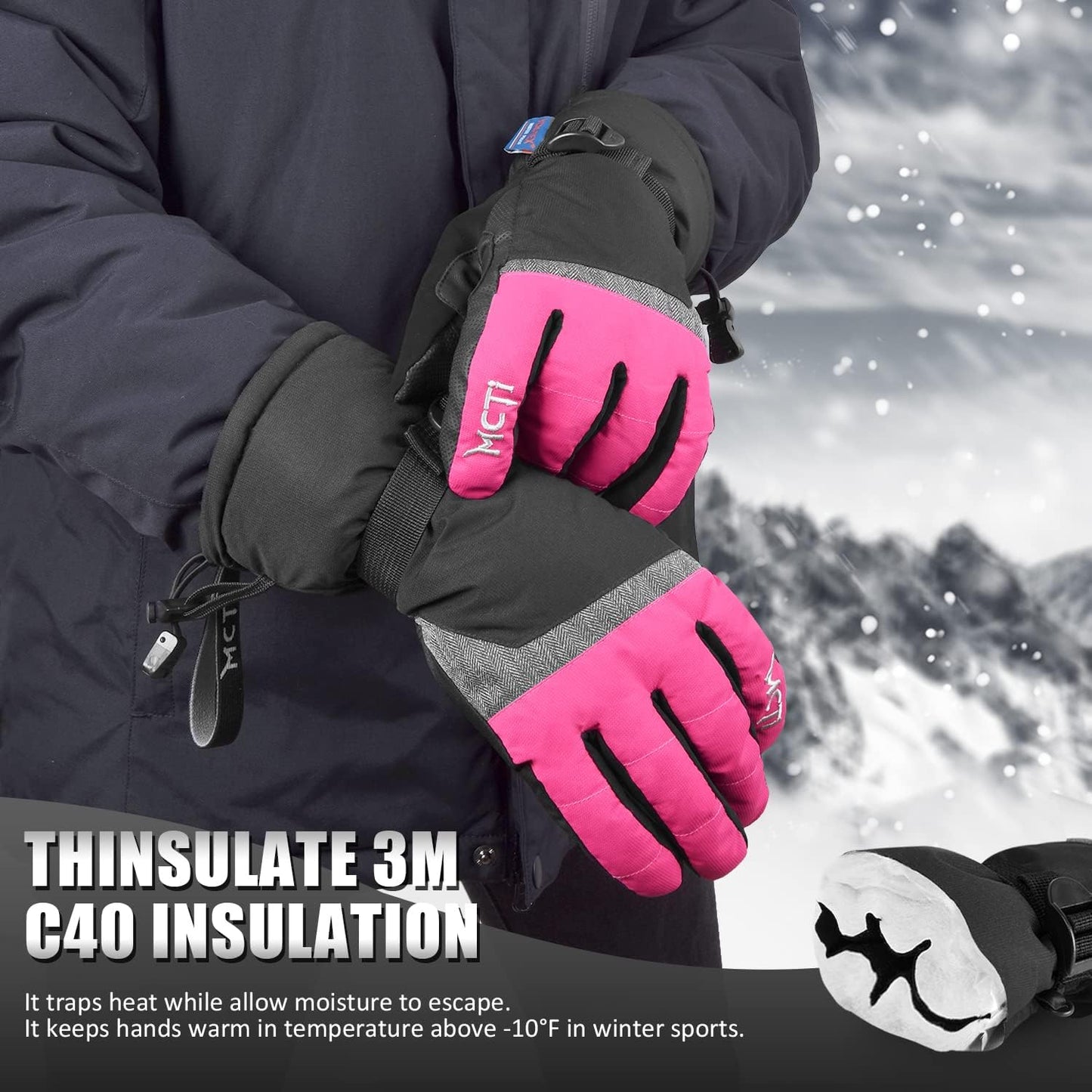Ski Gloves,Winter Waterproof Snowboard Snow 3M Thinsulate Warm Touchscreen Cold Weather Women Gloves Wrist Leashes