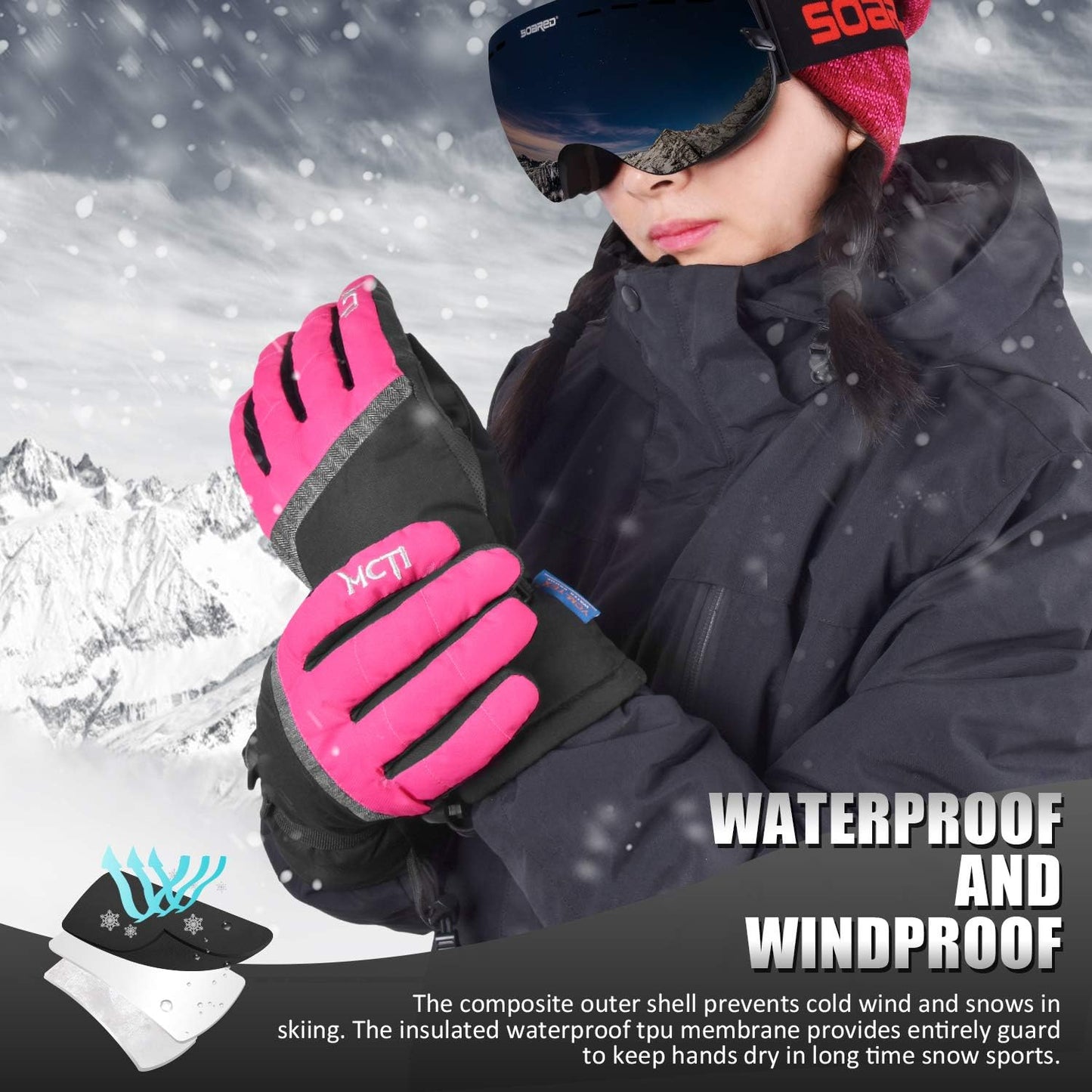 Ski Gloves,Winter Waterproof Snowboard Snow 3M Thinsulate Warm Touchscreen Cold Weather Women Gloves Wrist Leashes
