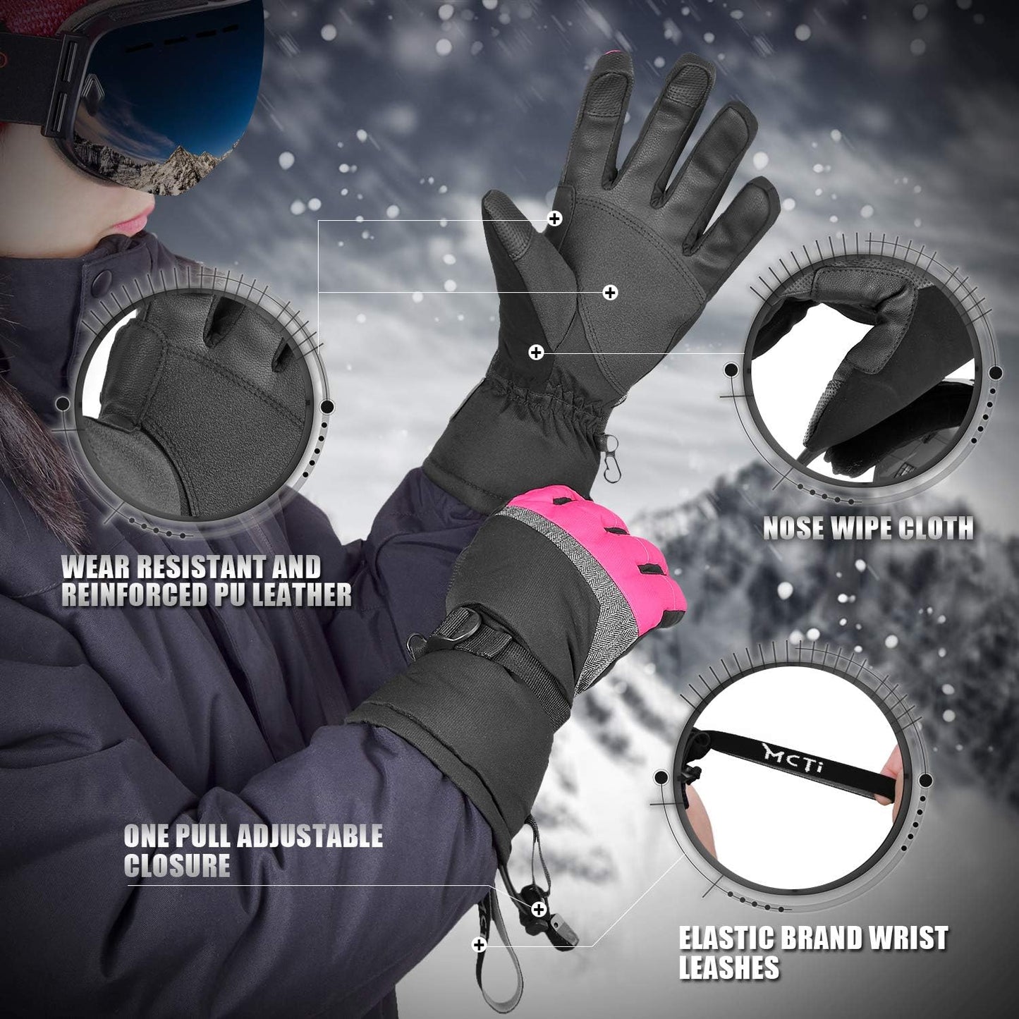 Ski Gloves,Winter Waterproof Snowboard Snow 3M Thinsulate Warm Touchscreen Cold Weather Women Gloves Wrist Leashes