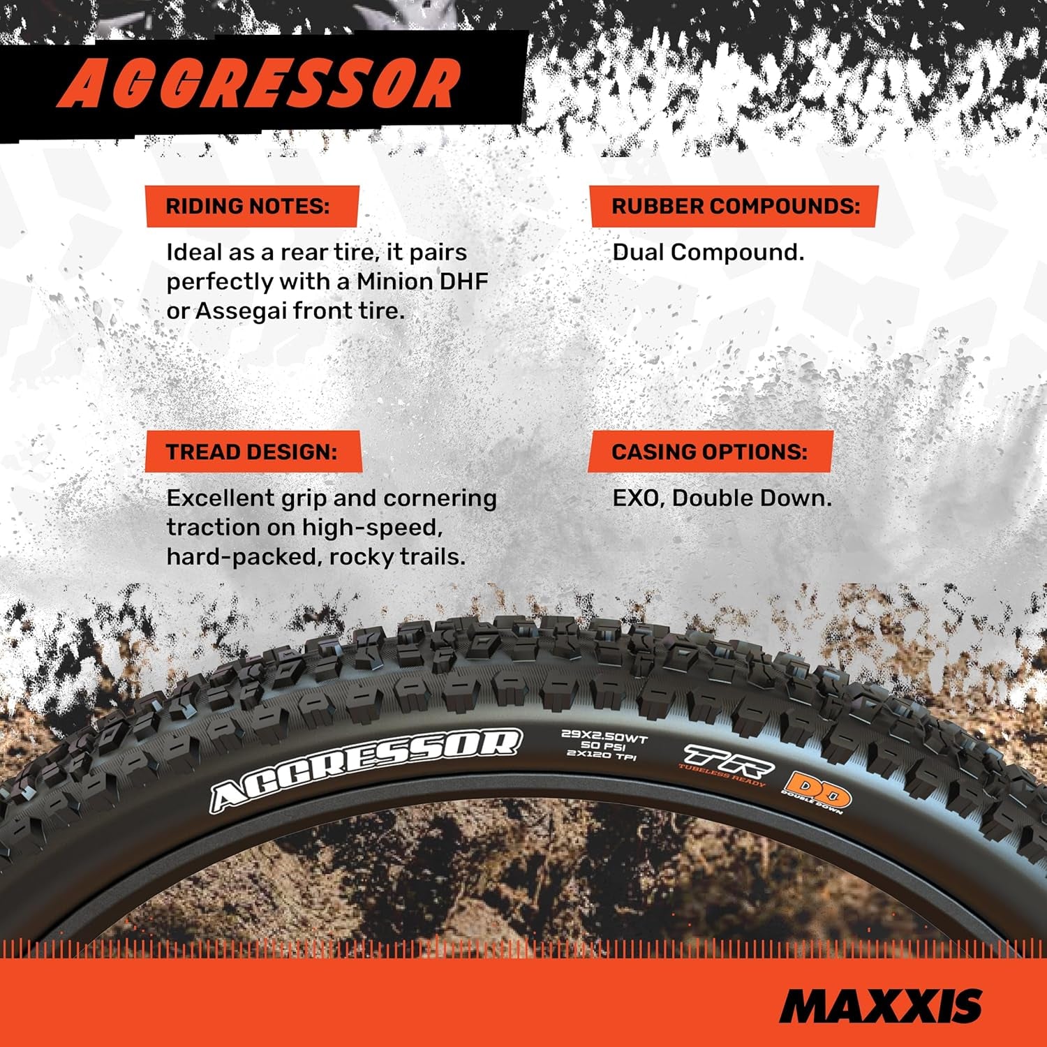 Aggressor - Dual Compound - 29, 27.5, 26 - EXO, DD - E25 Rating, Tubeless | Primarily Intended for Rear Wheel Use