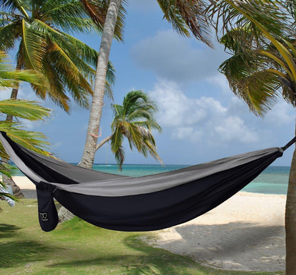 Camping Hammock - XL Double Hammock Portable Hammock Camping Accessories Gear for Outdoor Indoor with Tree Straps, USA Based Brand (Black and Gray)