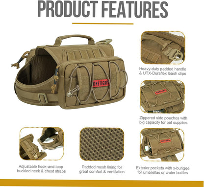 Dog Backpack for Medium & Large Dogs, Nylon Backpack for Dogs Tactical Pet Backpack with Side Pockets for Hiking Walking Training Running (Brown, Large)