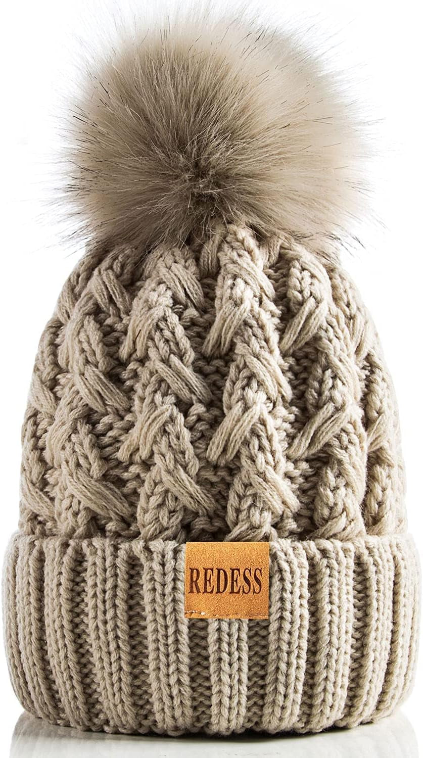 Women Winter Pompom Beanie Hat Fleece Lined Warm Hats, Thick Slouchy Snow Knit Crossed Cap for Ladies…