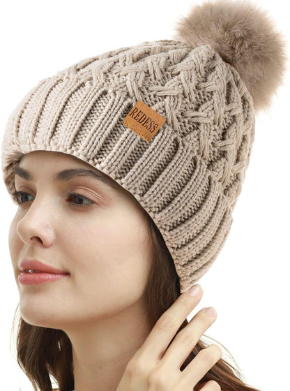 Women Winter Pompom Beanie Hat Fleece Lined Warm Hats, Thick Slouchy Snow Knit Crossed Cap for Ladies…