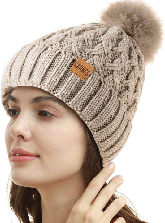 Women Winter Pompom Beanie Hat Fleece Lined Warm Hats, Thick Slouchy Snow Knit Crossed Cap for Ladies…