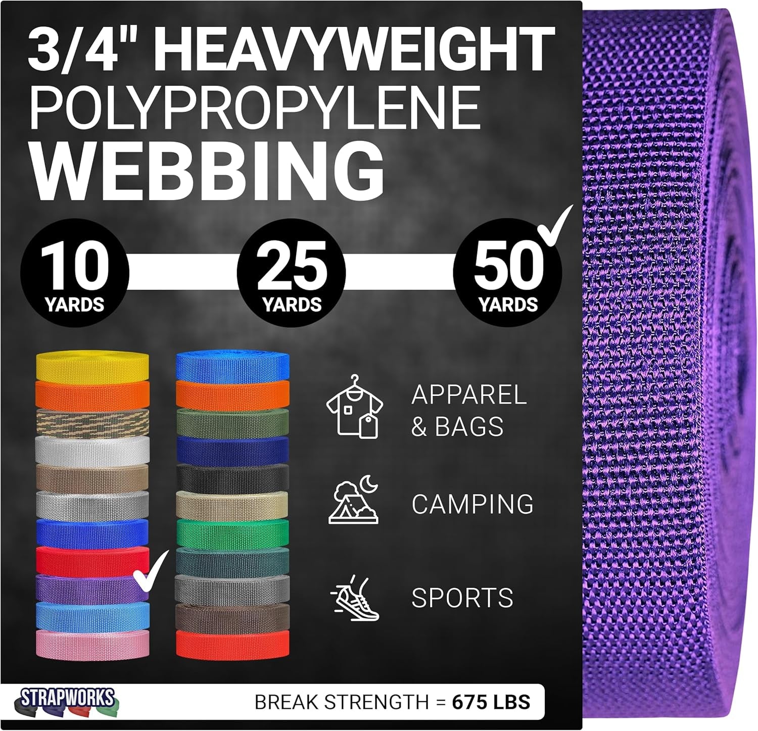 Heavyweight Polypropylene Webbing - Heavy Duty Poly Strapping for Outdoor DIY Gear Repair, 3/4 Inch